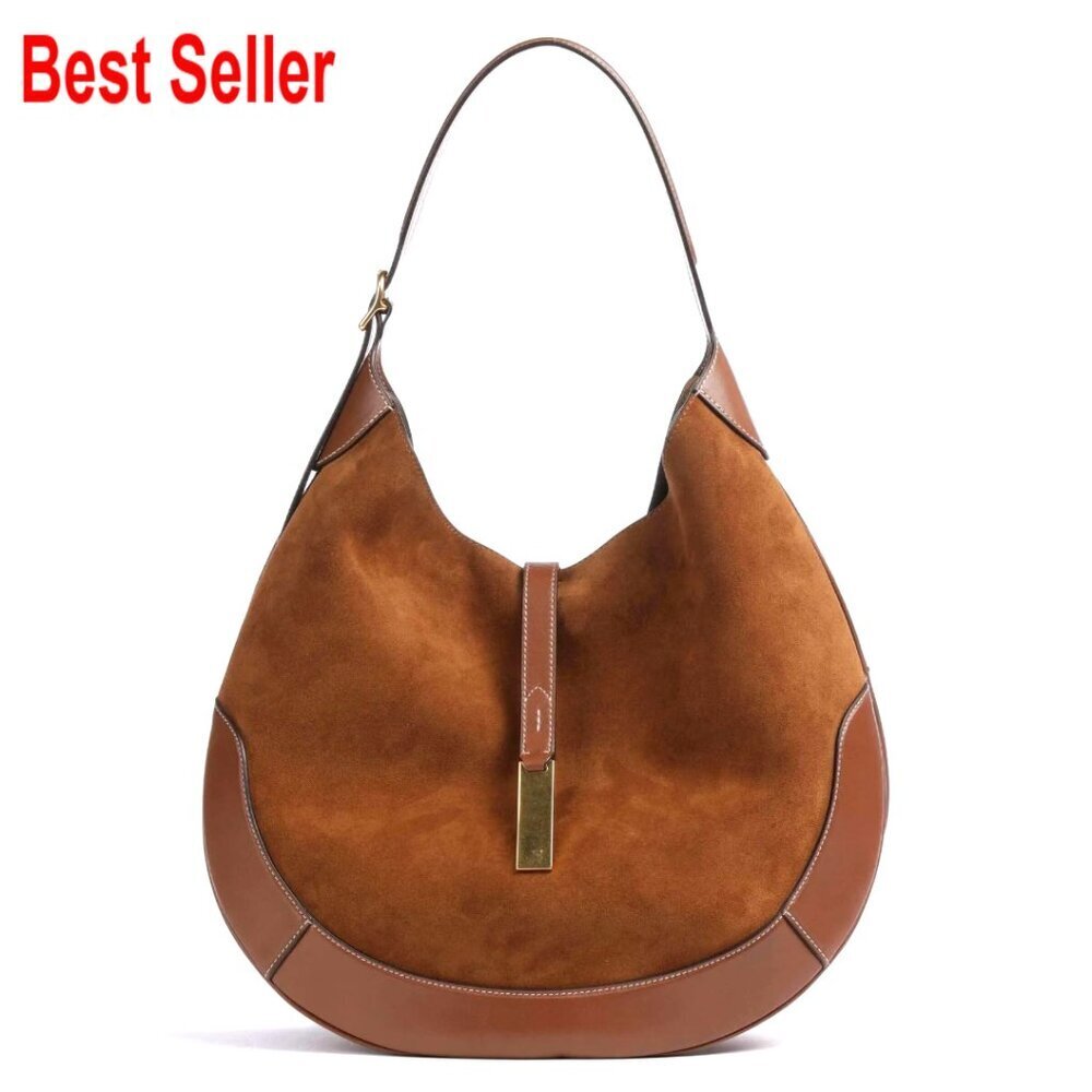 Suede & Split Leather Hobo Shoulder Bag Large Capacity Magnetic Closure - Picture 1 of 7